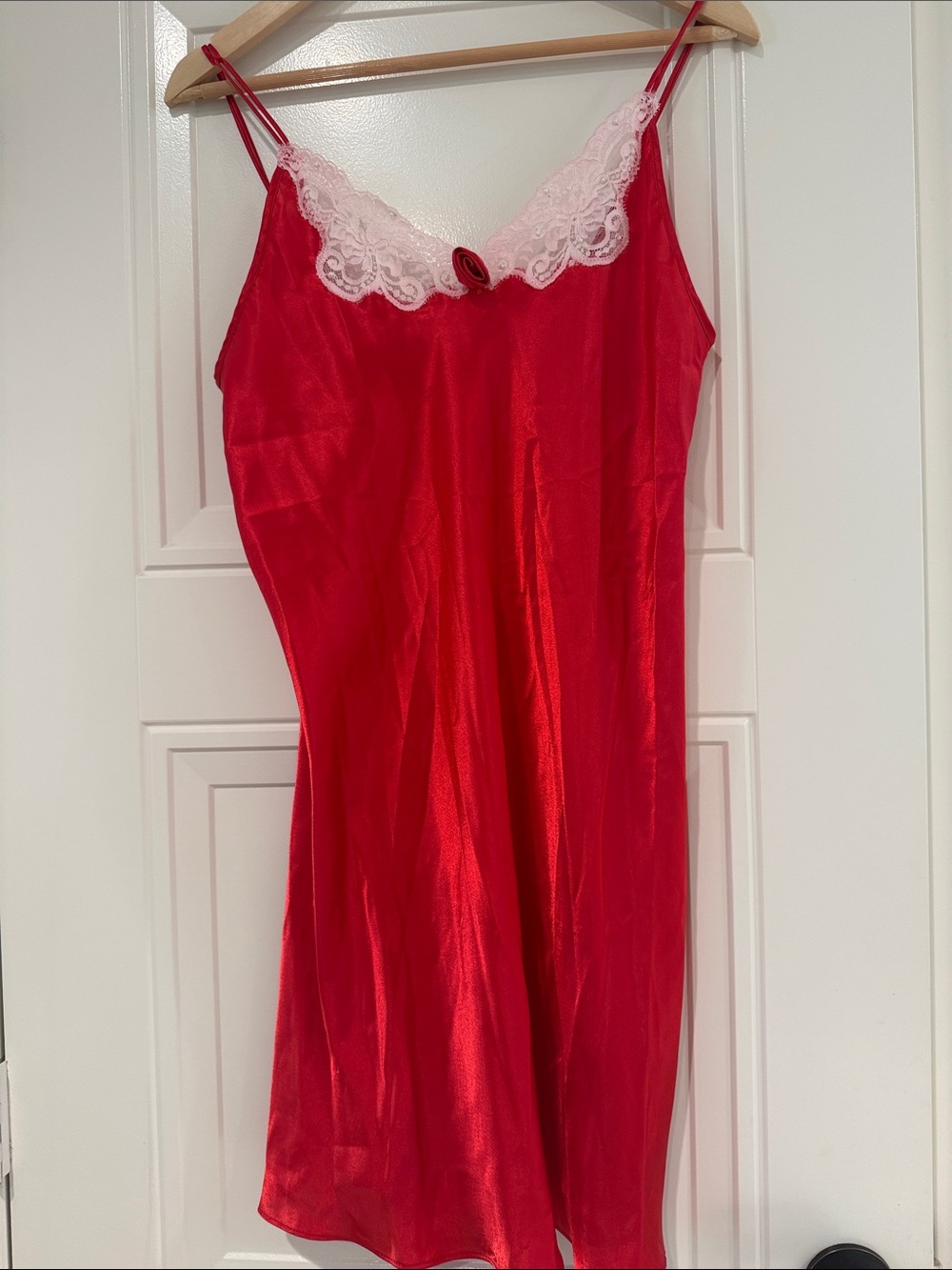 Leslie Fay Red Satin Slip with Pink Lace Trim